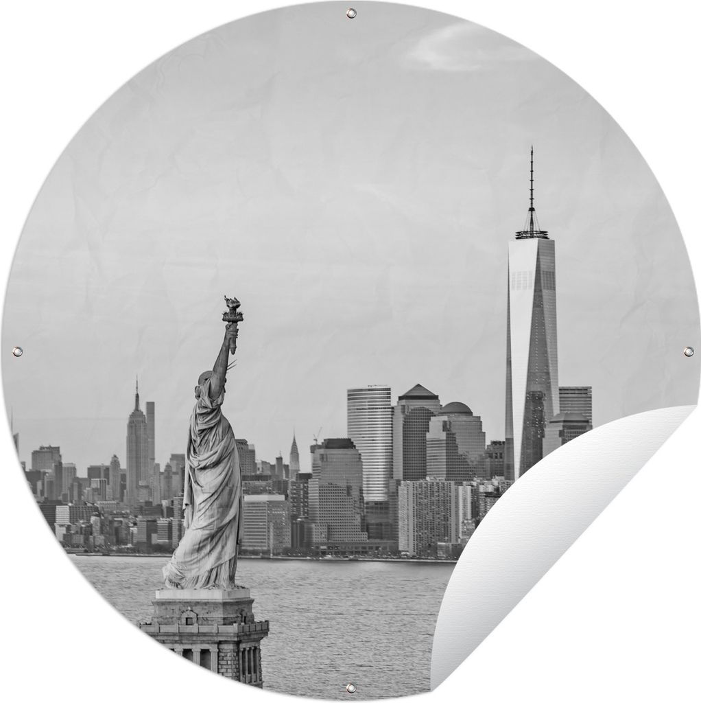 MuchoWow Gartenposter Outdoor-Poster Rund Die Freiheitsstatue und das One World Trade Center in New York - schwarz und weiß Ø 60 cm Gartendeko ...