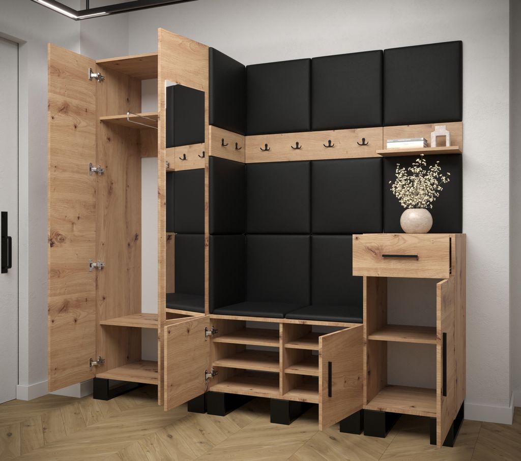 A modern hallway furniture set with wood and black upholstered panels.