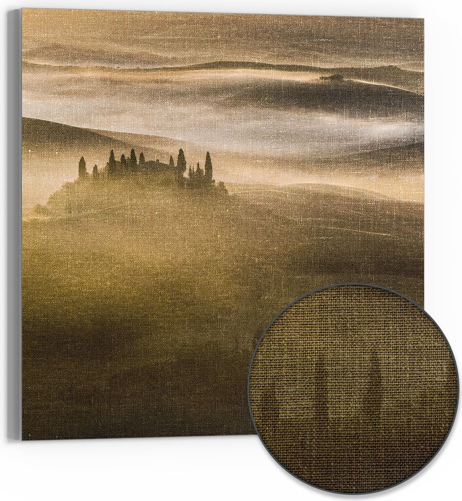 DEQORI Hybrid Leinwand Bild 50x50 cm 'Morgenlicht der Toskana' Wandbild Glas flach modern