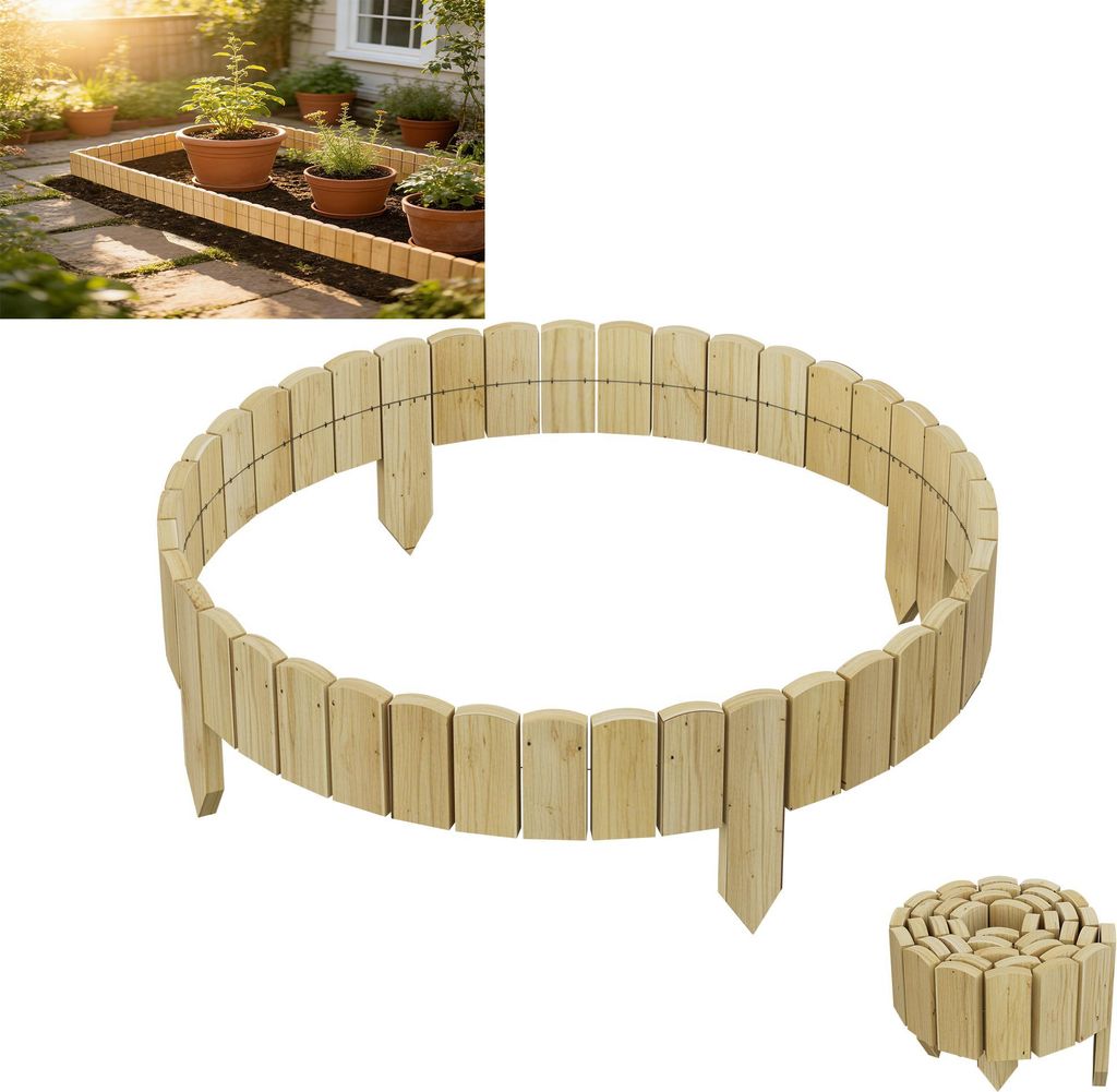 XINZI Holz Beeteinfassung Beeteinfassung Palisade im Holzdesign staketenzaun für Blumenbeet, Terrasse & Gartenweg Höhe 10 cm 200 cm Lang, Natur