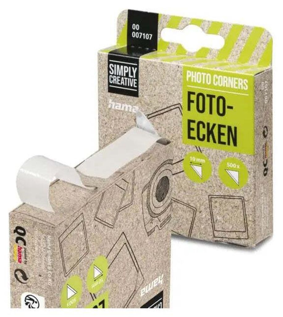 Two boxes of Hama Fotoecken (photo corners) are shown, one in the foreground and one in the background. The foreground box is partially open, revealing the product inside. The packaging is made of recycled cardboard and features green and white branding.
