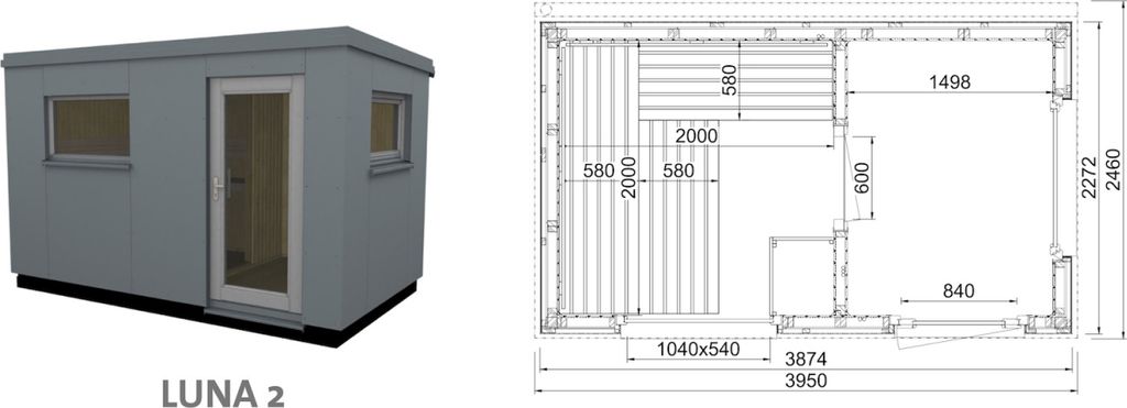Infraworld Luna 2 Außensauna mit HPL-Platten Anthrazit versch. Fenstergrößen und Inneneinrichtung Luna 2 - Fenster (BxH): 1040 x 540 mm