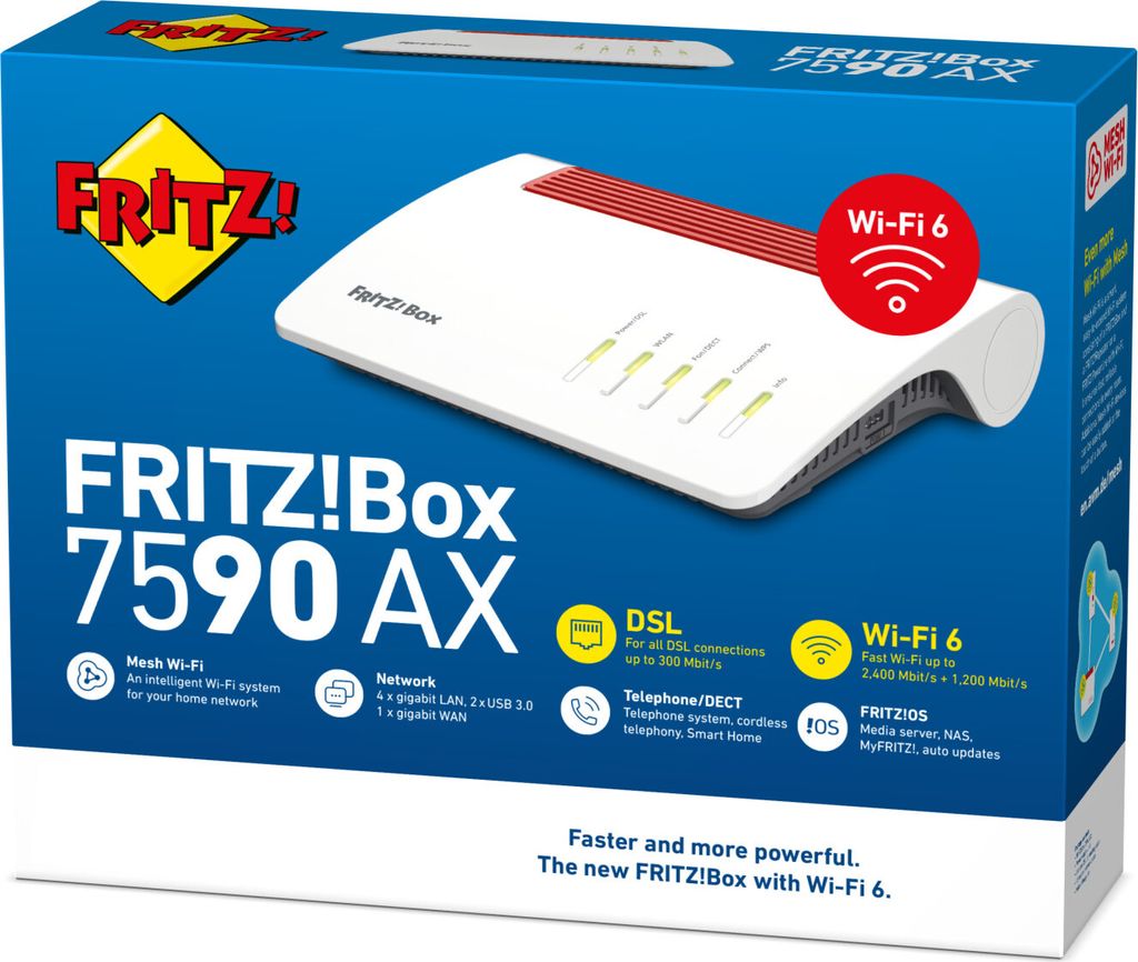 The image shows the retail packaging of a FRITZ!Box 7590 AX router.