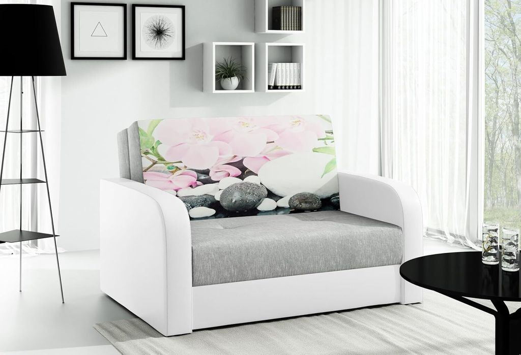 LIKMA Ausziehbar 2 Sitzer Sofa Togo FOTO Grau + Weiss Kunstleder 135x90x100 cm Schlaffunktion Bettzeugbehälter
