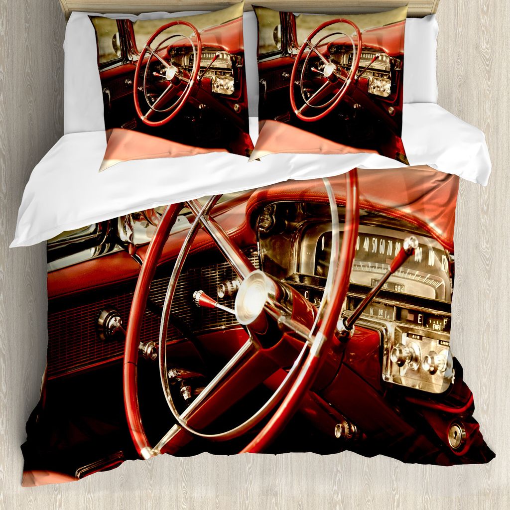 ABAKUHAUS Jahrgang Bettbezugs Set Für Doppelbetten, Antikes klassisches Auto, Milbensicher Allergiker geeignet mit Kissenbezügen, Rot Silber