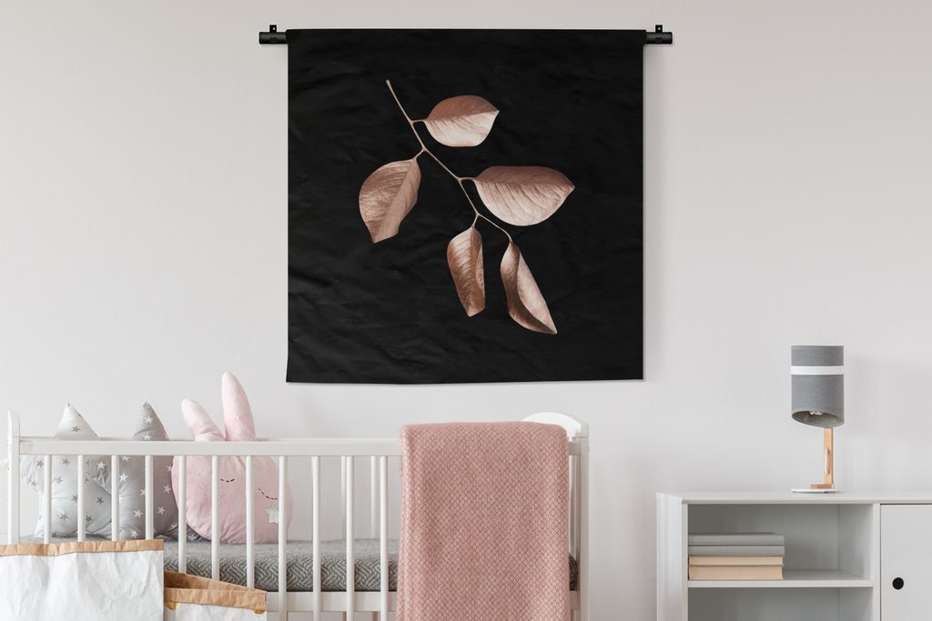 MuchoWow Wandteppich Wandbehang Rosa - Blatt - Gold 90x90 cm Tapisserie Dekoration Wandtuch - Wandaufhänger