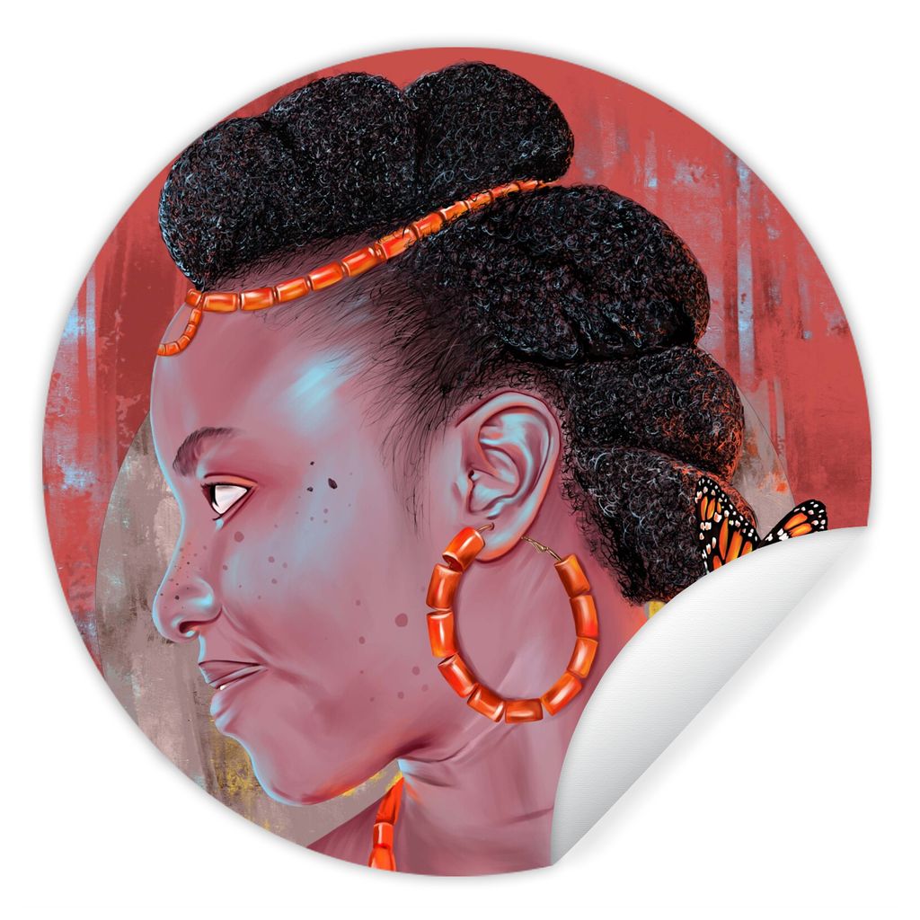 MuchoWow Runde Wandtattoo - Wandsticker Tapete Aufkleber Vintage - Frau - Porträt - Schmetterling - Rot Ø 100 cm Selbstklebend und Repositionie...