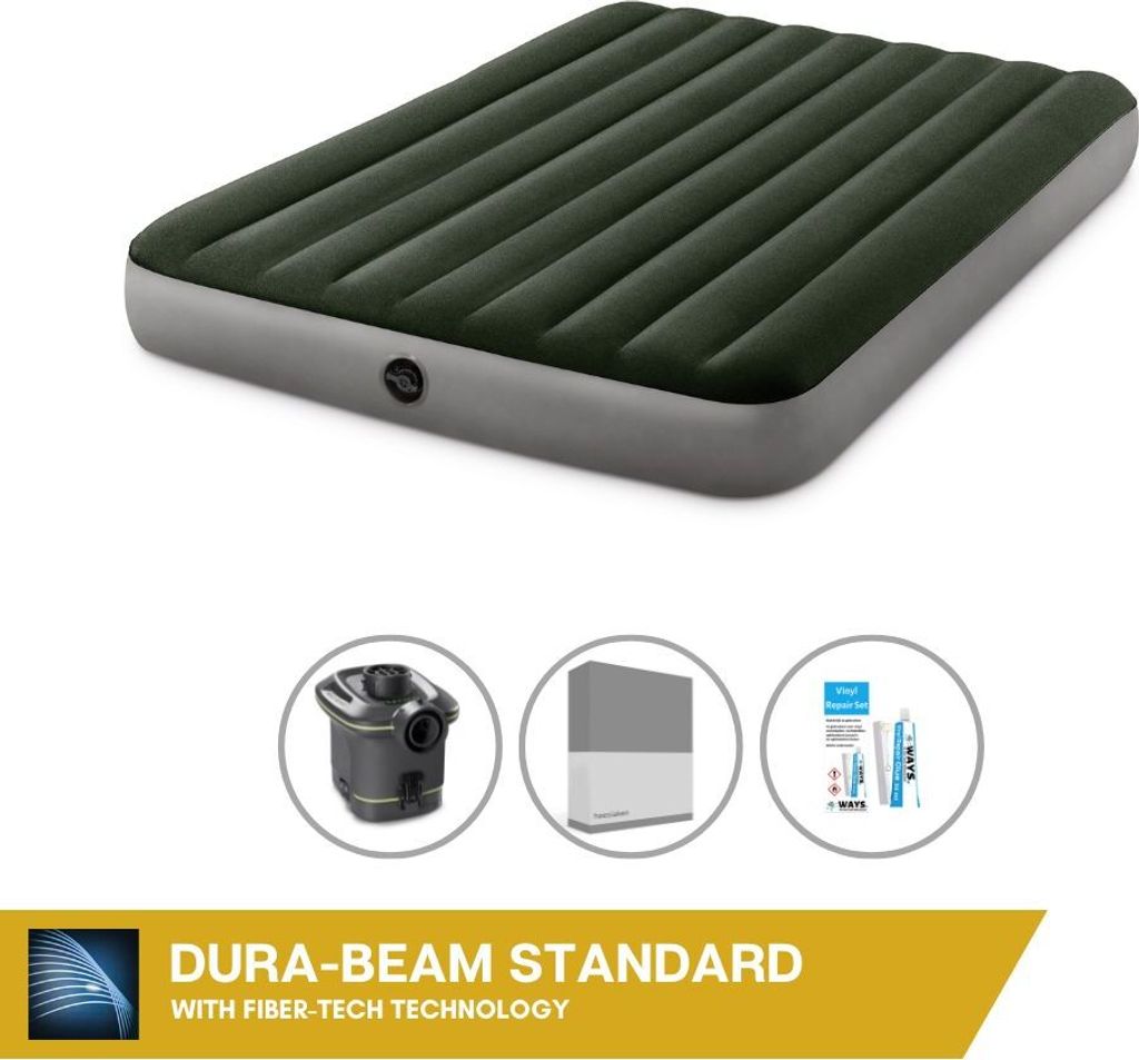 Intex Luftbett - 2 Personen - 152 x 203 x 25 cm - Grün - Mit Pumpe + Spannbettlaken Anthrazit + Reperaturset
