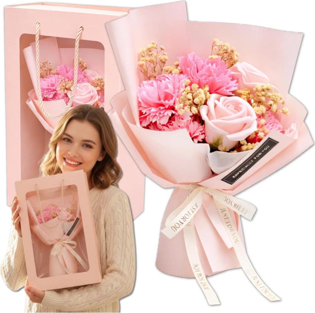 Set regalo con un bouquet di profumati fiori di sapone rosa Immagine del prodotto 