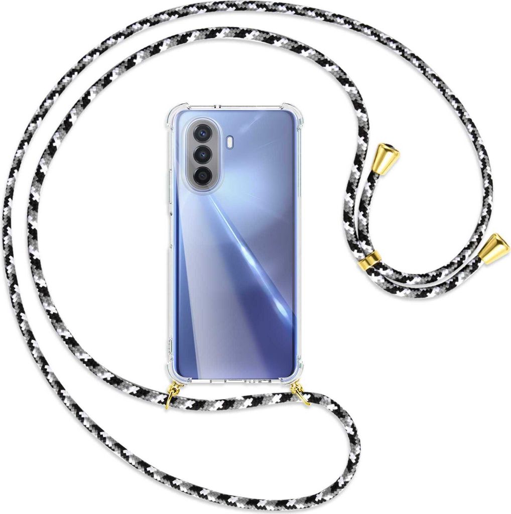 Handykette Backcover-Schutzhülle mit Band (Metall goldfarben) für Huawei nova Y70 4G (MGA-LX9) - schwarz/grau/weiß