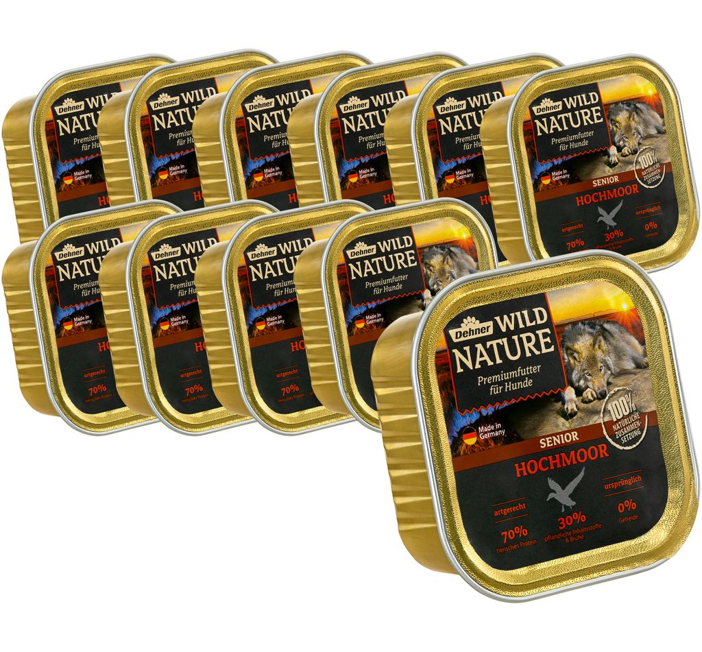 Dehner Wild Nature Hundefutter Hochmoor, Nassfutter getreidefrei / zuckerfrei, für ältere Hunde, Ente, 11 x 150 g Schale ( 1.65 kg)