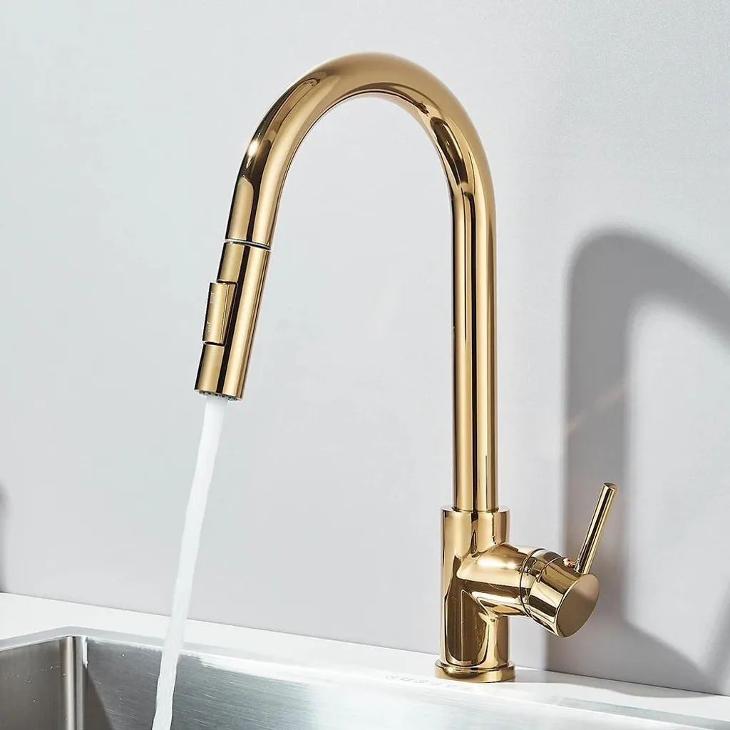 Mitigeur de cuisine anti-calcaire avec douchette amovible Inox Doré