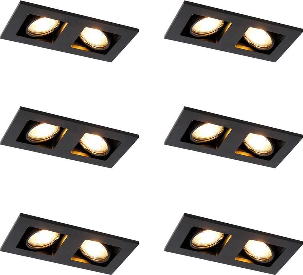 QAZQA - Set mit 6 Einbaustrahlern schwarz rechteckig 2-flammig - Qure I Wohnzimmer I Schlafzimmer - Aluminium - LED geeignet GU10