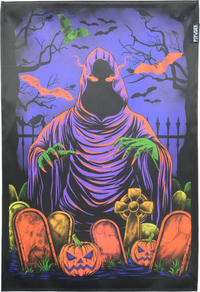 PSYWORK Schwarzlicht Stoffposter Neon Chromadepth "3D Halloween Graveyard", 40x60cm
