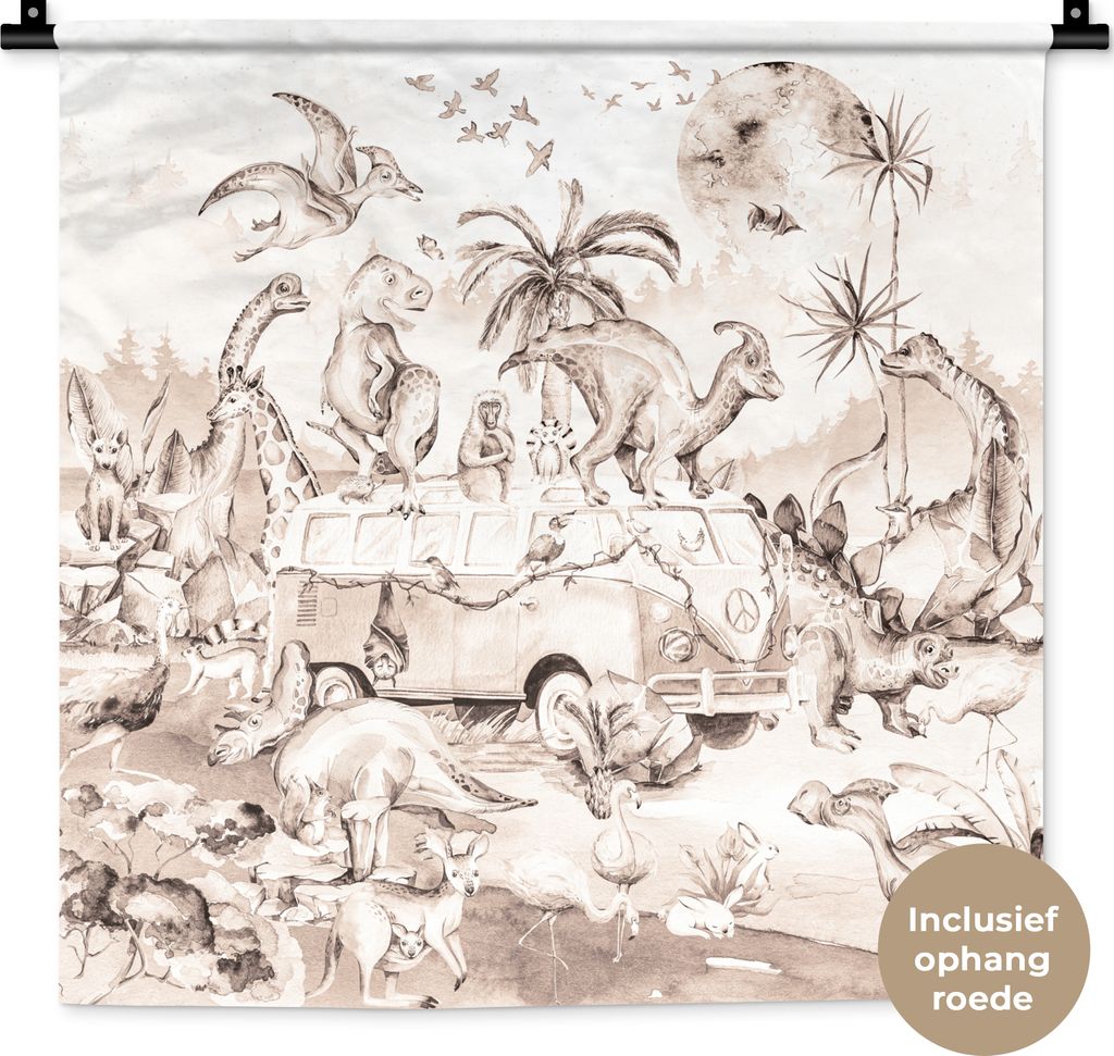 MuchoWow Wandteppich Wandbehang Dinosaurier - Bus - Kinder - Tiere - Bäume 60x60 cm Tapisserie Dekoration Wandtuch - Dekorationen - Wand Decke