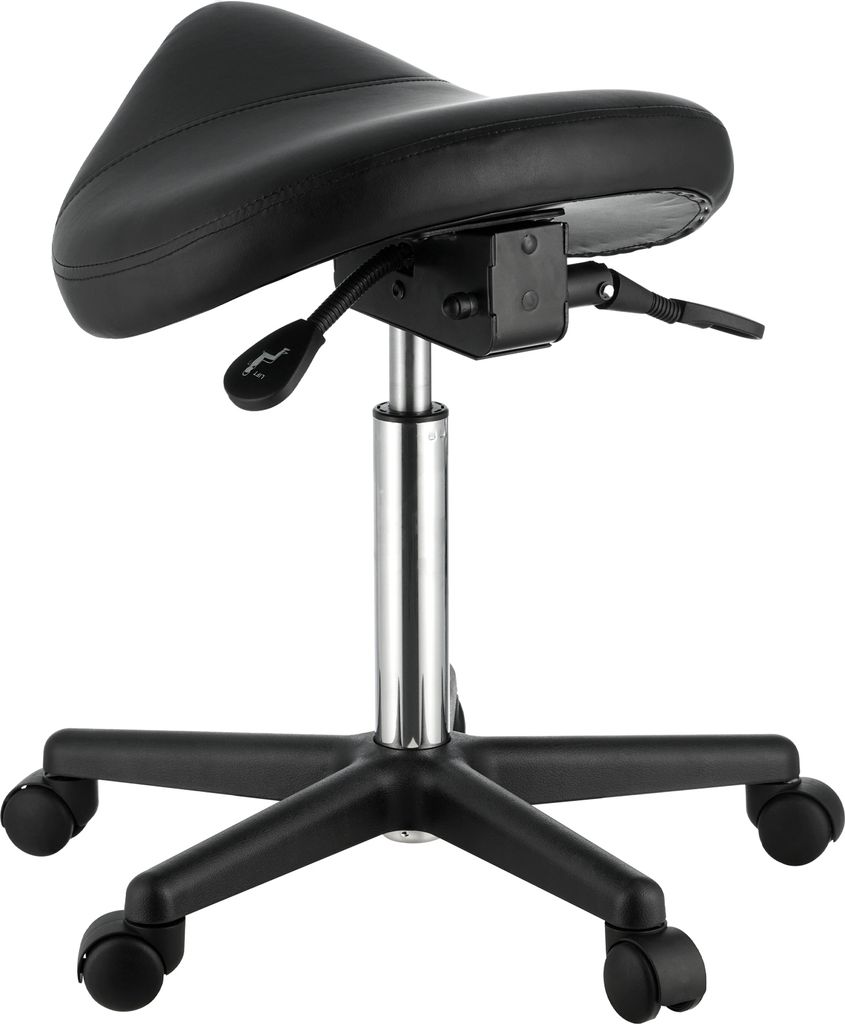 A studio shot of a black saddle stool.