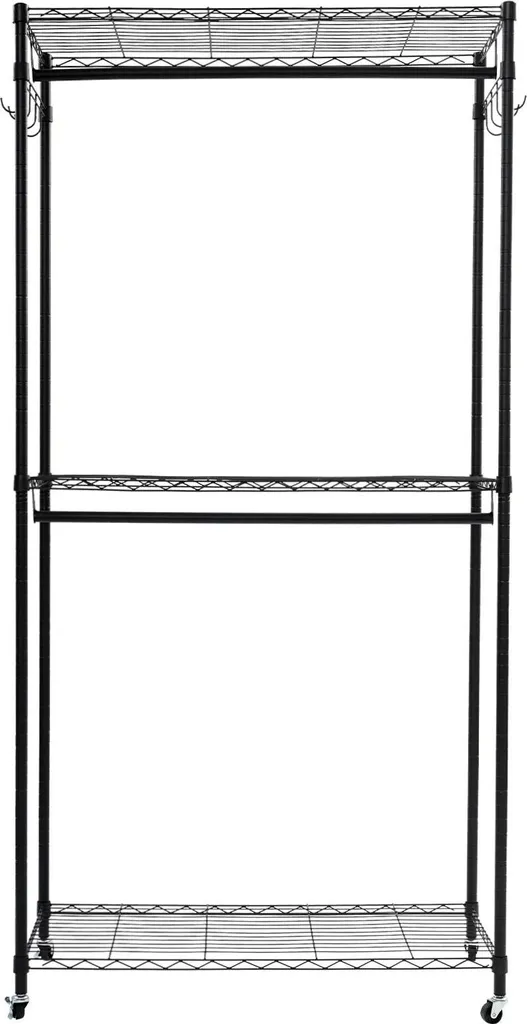 Porte-manteau double tringle 90x43x180 cm en métal noir avec roulettes
