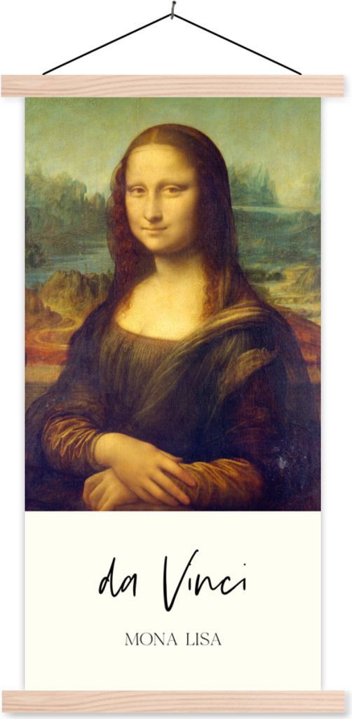 MuchoWow Textilposter Mona Lisa - Leonardo da Vinci - Alte Meister 60x120 cm mit holzfarbenen Rahmen - Holz