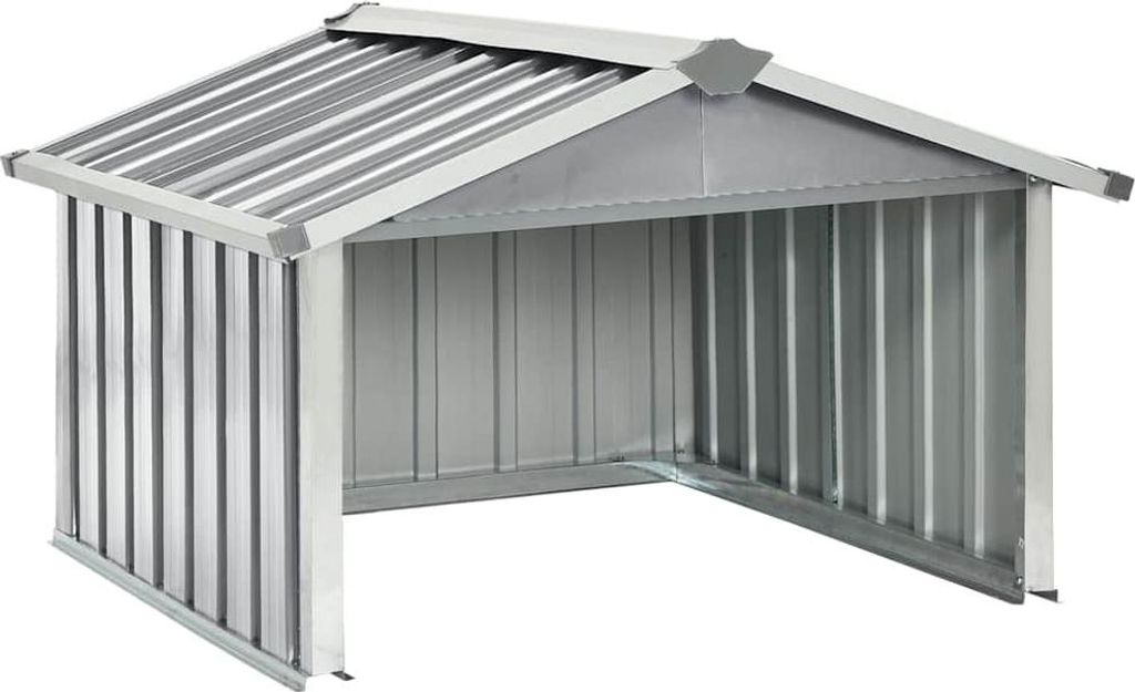 A metal shed for a lawnmower, shown from the front with an open entrance.