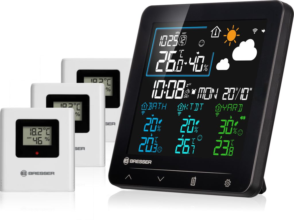 Bresser Quadro Individio Wetterstation NV mit 3 Außensensoren, integriertem Thermo-Hygrometer, 4 Messwerten und Luftdruckhistorie sowie Weckfunktion