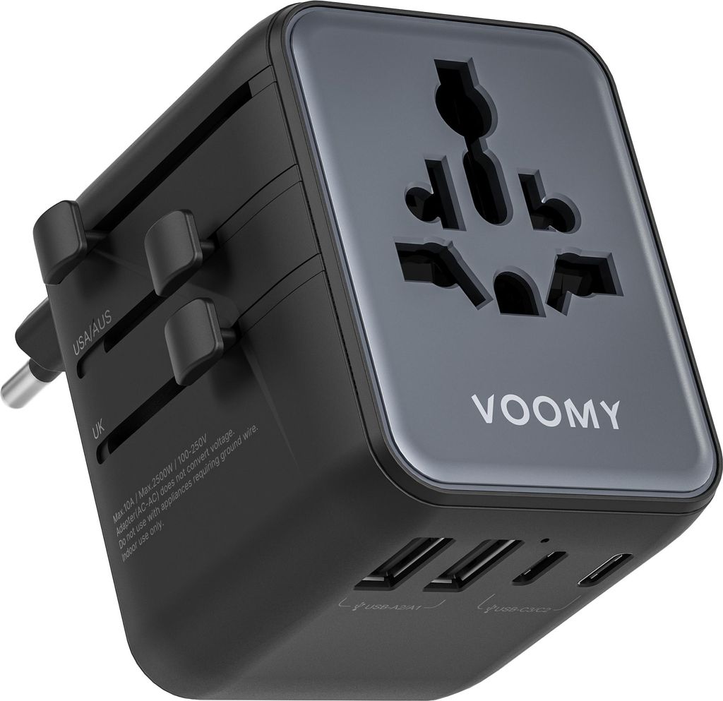 VOOMY Reiseadapter Weltweit 6-in-1 – Für 200+ Länder – Universal Reiseadapter mit 5 USB-Ports – 3x USB-C & 2x USB-A – Kompakter Weltsteck...