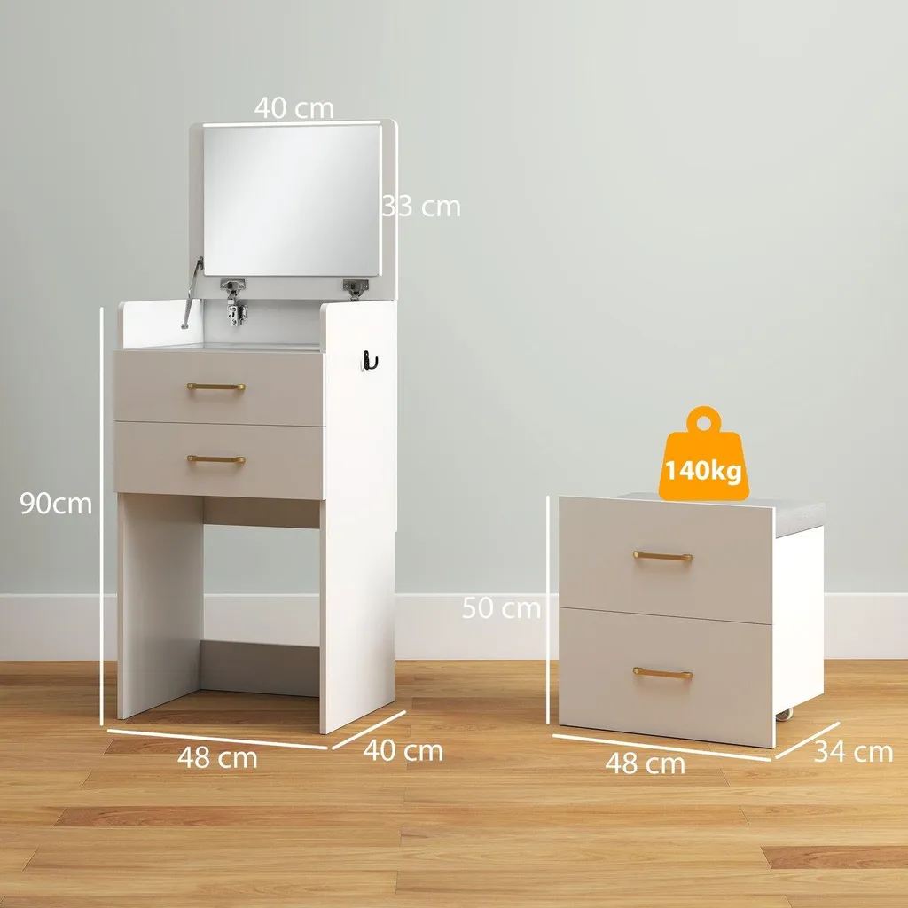 Aménager un Coin Beauté avec Coiffeuse, Miroir et Tabouret Blanc Chic - 3