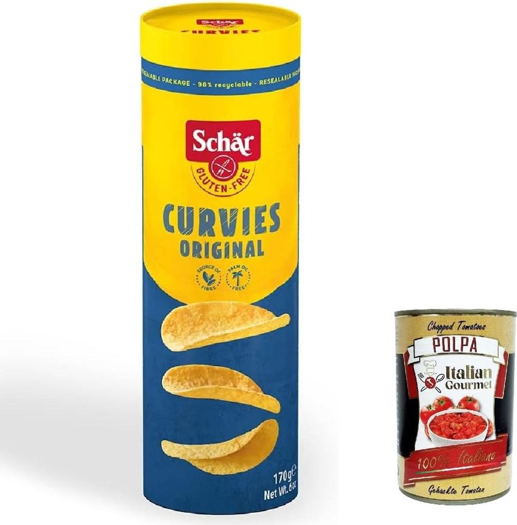 3x Schär, Curvies Original, Klassische Chips, herzhafter Snack auf Kartoffelbasis, glutenfrei und palmölfrei, vegan, 170 g + Italian Gourmet polp...