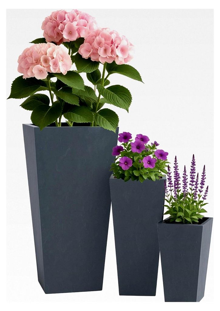 Große Pflanzkübel, 3er Set für Innen und Außen, eckige Blumenkübel in Steinoptik, wetterbeständig und frostsicher, Farbe: anthrazit