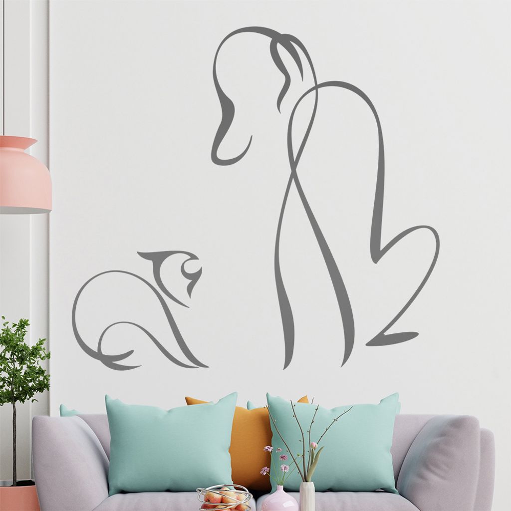 Hund und Katze Linien Wandtattoo in 6 Größen - Wandaufkleber Wall Sticker - Dekoration, Küche, Wohnzimmer, Schlafzimmer, Badezimmer