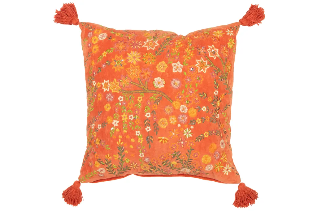 Coussin de Décoration en Velours Orange à Fleurs et Glands de 50x50 cm