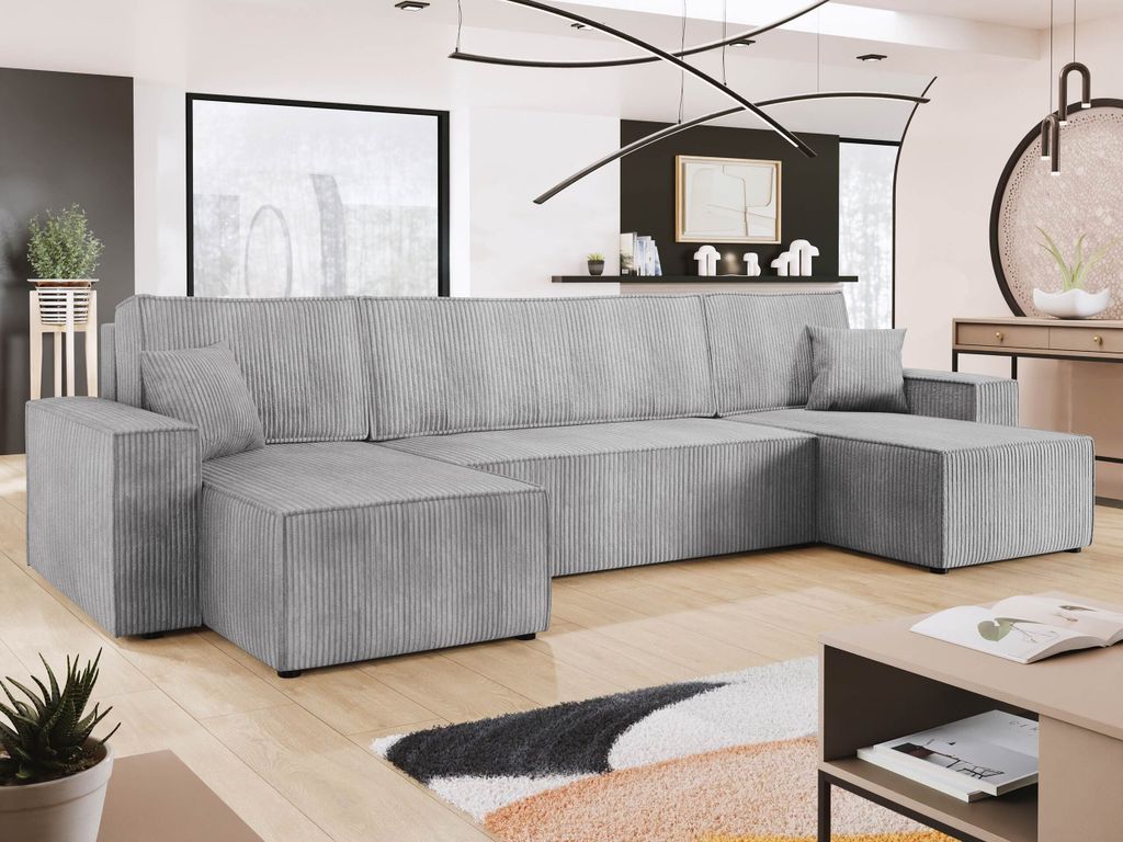 MIRJAN24 Wohnlandschaft Karl U Cord, Eckcouch mit Bettkasten und Schlaffunktion, Schwarze Füße, Kissen mit Reisverschluss, 312x145x82 cm (Farbe: ...