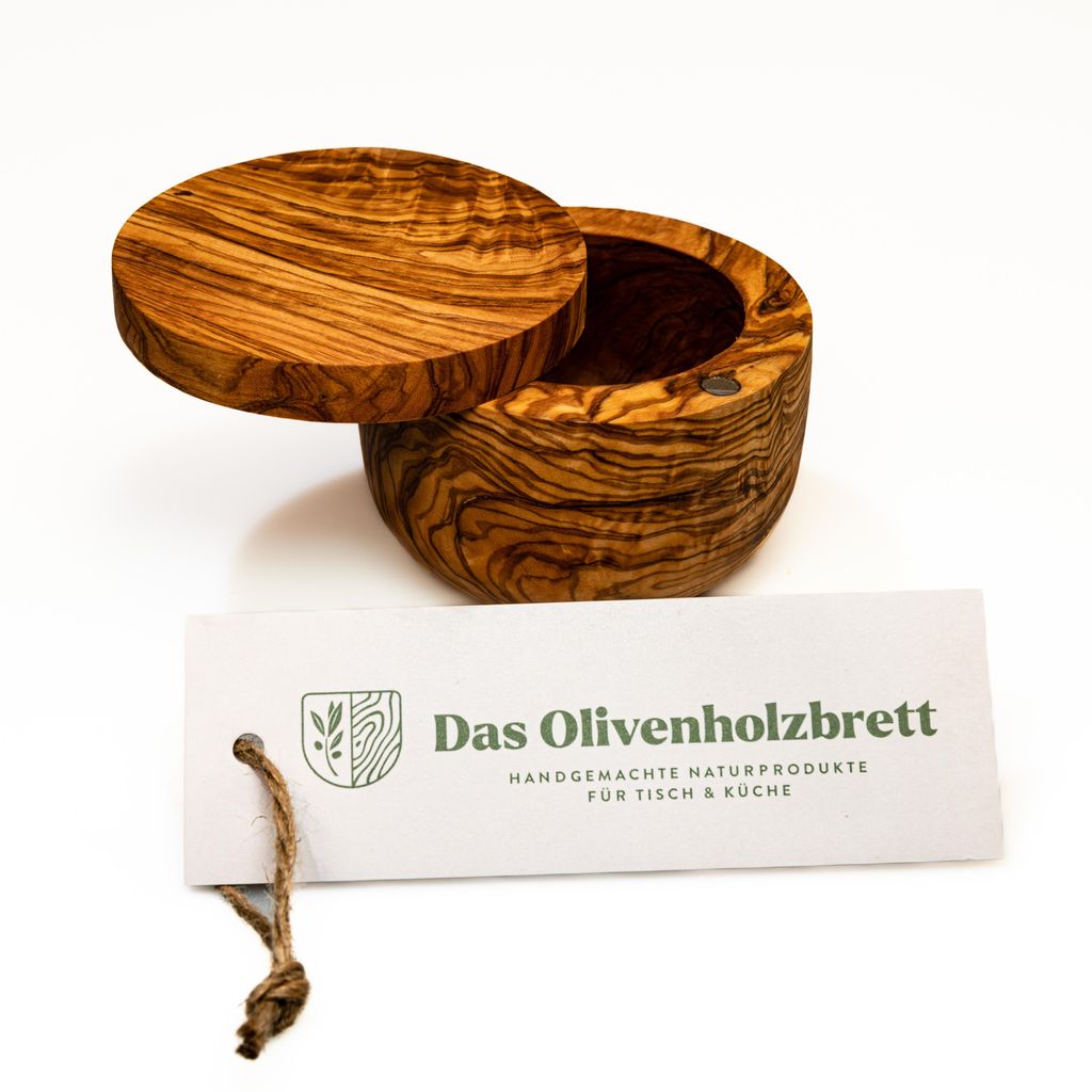 A wooden bowl with its lid slightly ajar, placed on a white background with a product tag.