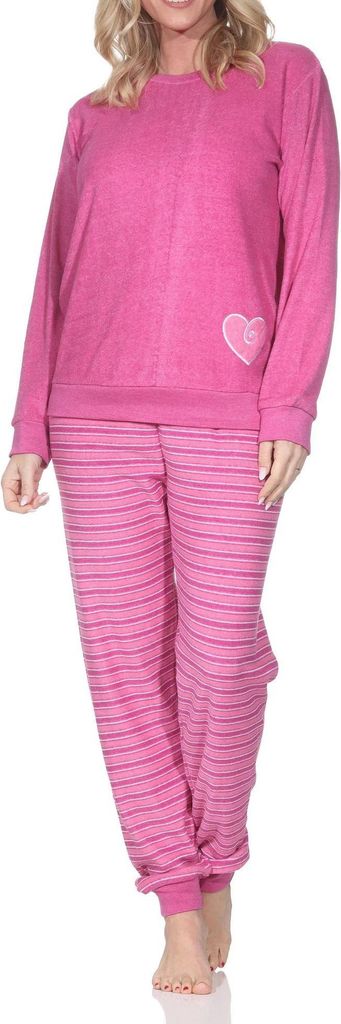Wunderschöner Damen Frottee Schlafanzug mit Bündchen und Herz-Motiv - auch in Übergrössen ; pink , 36