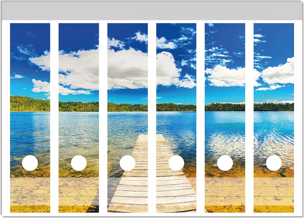 Wallario Ordnerrücken Sticker, selbstklebend für breite Ordner, 6 Stück, Motiv Klarer See mit Steg - Blauer Himmel