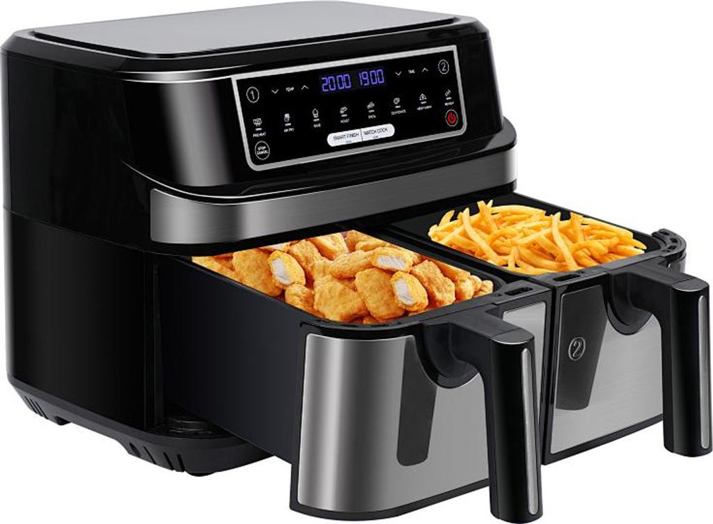 Doppelkammer Heißluftfritteuse 2 Kammern, 9L Dual Zone Airfryer mit 2x4.5L Schubladen, 2600W Heissluftfritteuse 8-in-1 Touchscreen Smart Finish Fu...