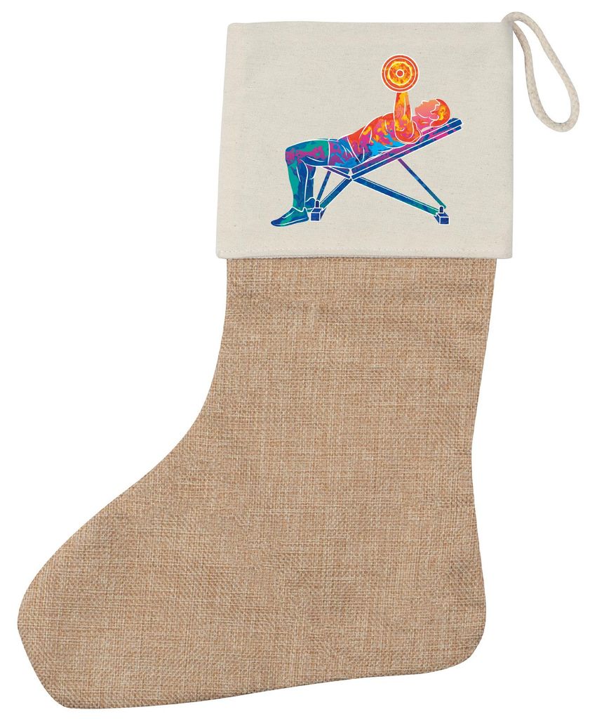 Huuraa Weihnachtsstrumpf Fitness Training Bench Press bunte Silhouette Beige Jute Kaminstrumpf Geschenkidee