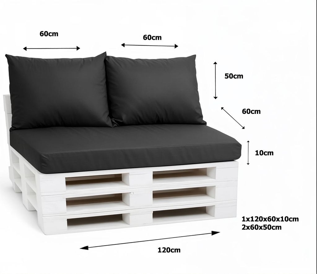 Palettenkissen Set 120 x 60 x 10 cm + 2 x 50 x 40 cm – Sitz- & Rückenkissen, abnehmbare Bezüge, Outdoor geeignet, 3-teilig,Anthrazit
