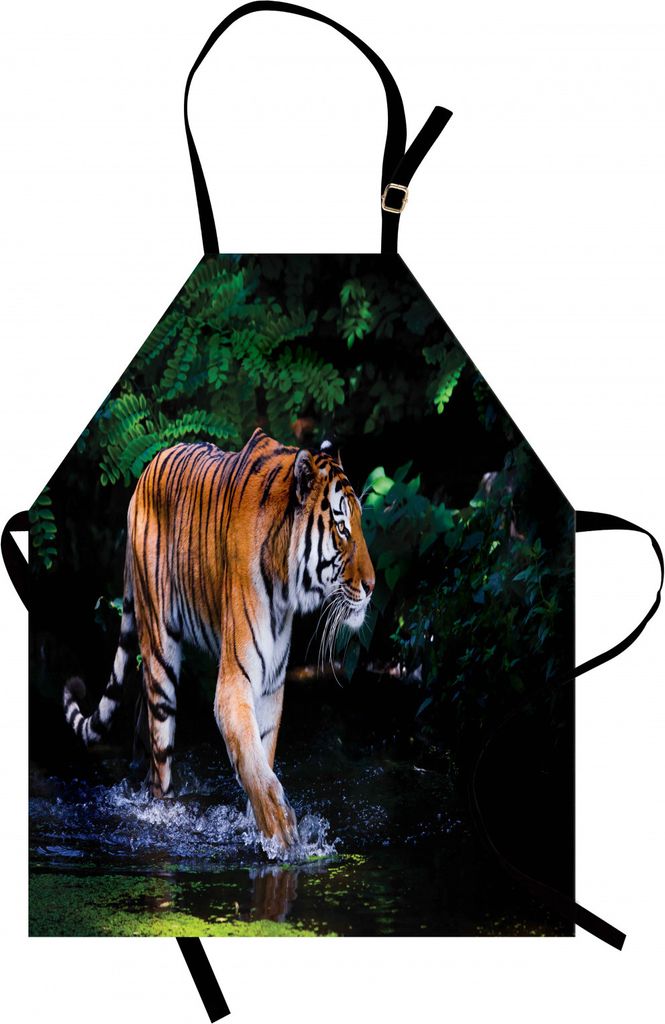 ABAKUHAUS Safari Kochschürze, Tiger in Wasser Stream Jagd Gefahr Bäume Tropical Pond Versteckt gefangen, Farbfest Höhenverstellbar Waschbar Klar...