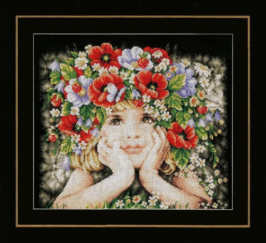 Lanarte Set punto croce "Ragazza con fiori" schema di conteggio, 31x26cm