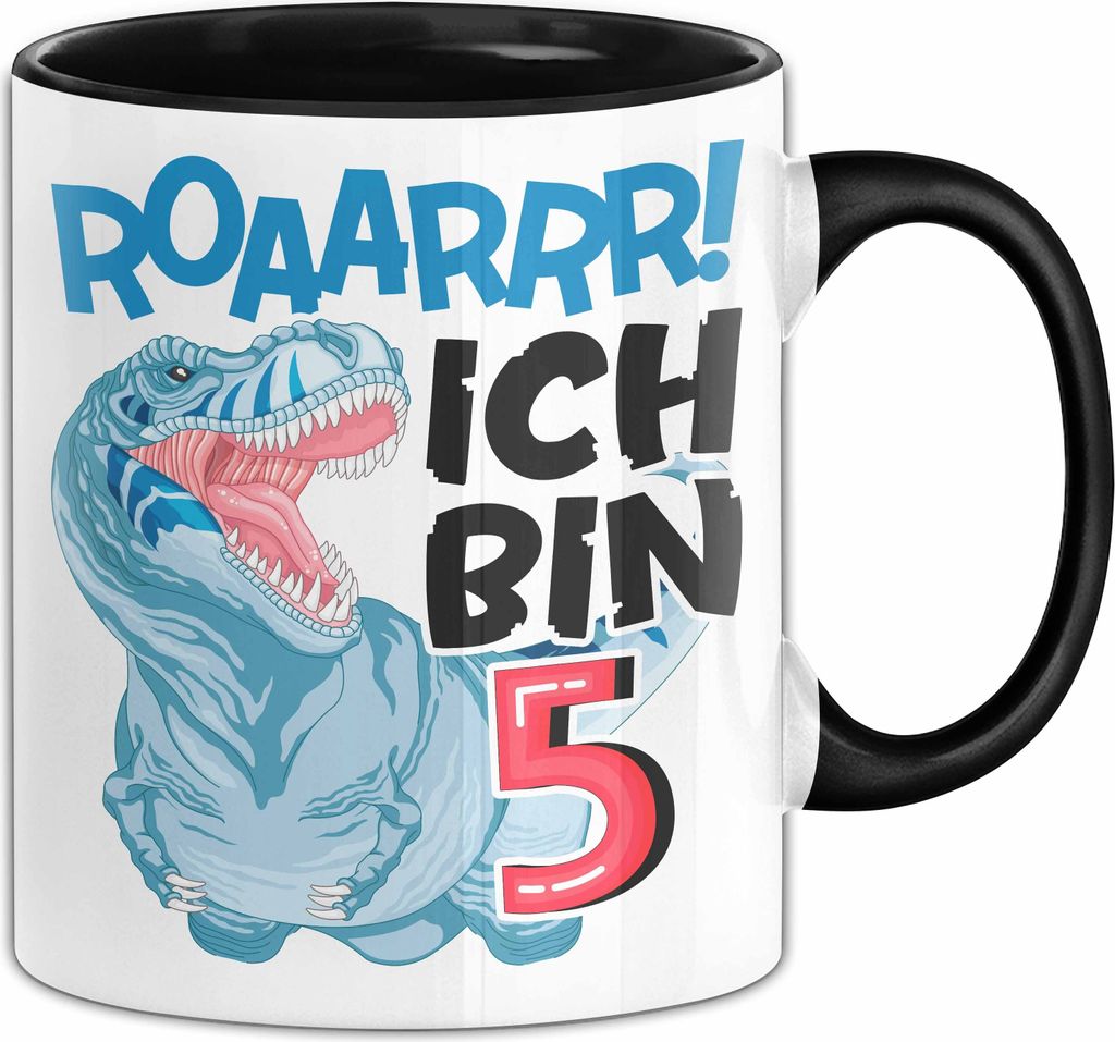5. Geburtstag Geschenk Tasse Becher Jungs Dino T-Rex Roaarrr Ich Bin 5 (Schwarz)