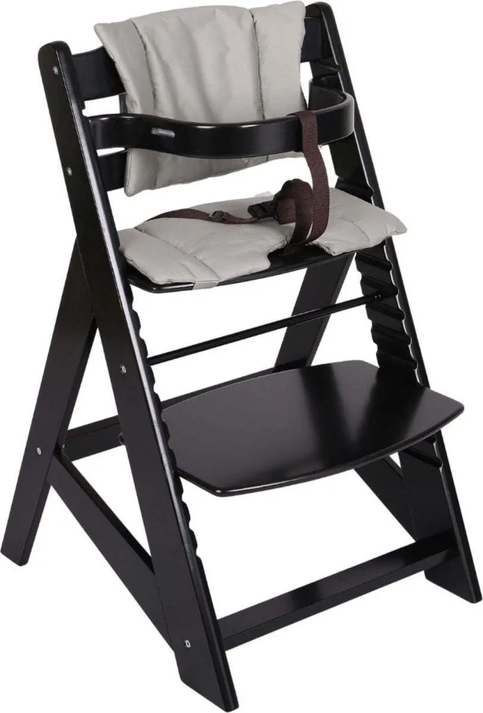 Chaise haute évolutive Buxibo noire avec coussin et plateau en bois