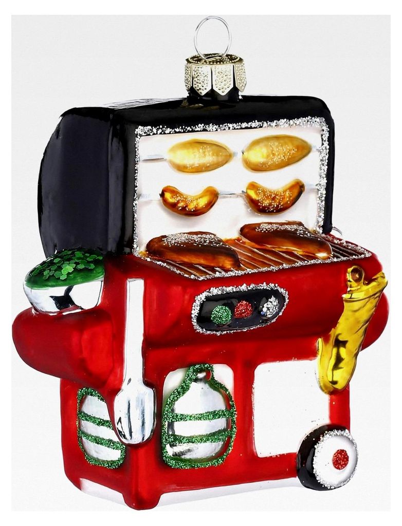 Christbaumschmuck Glas 9cm BBQ Gasgrill mit Glitzer Weihnachtskugeln