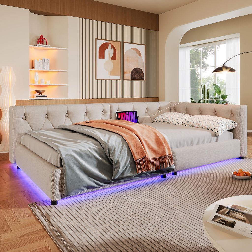 okwish Tagesbett 90x200 mit Lattenrost,Bettgestell mit LED-Lichtleisten und USB+Typ-c,Daybett Holzbett mit Knopftuft,Jugendbett mit Fernbedienung,B...