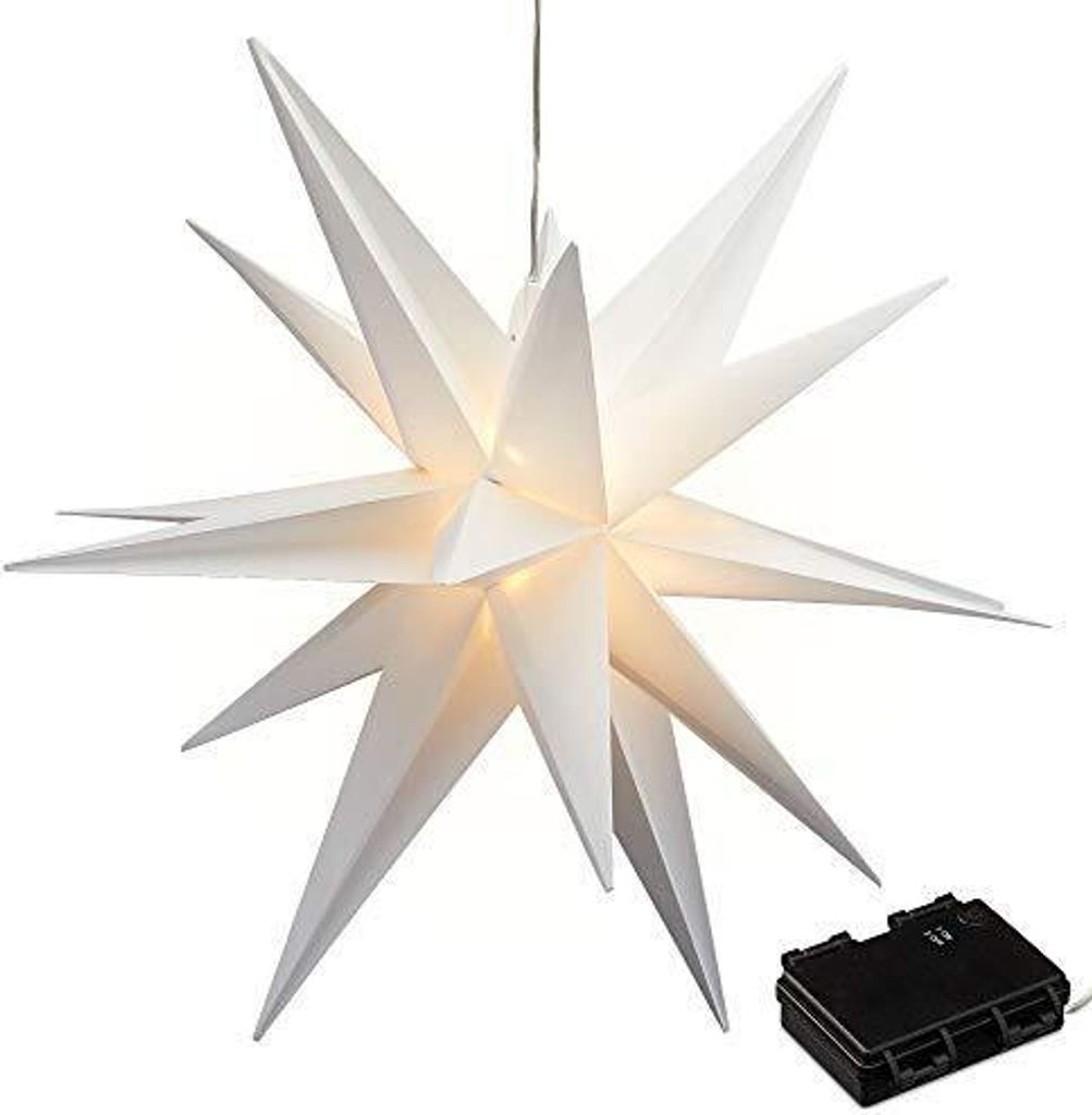 A white star-shaped lantern with a battery pack.