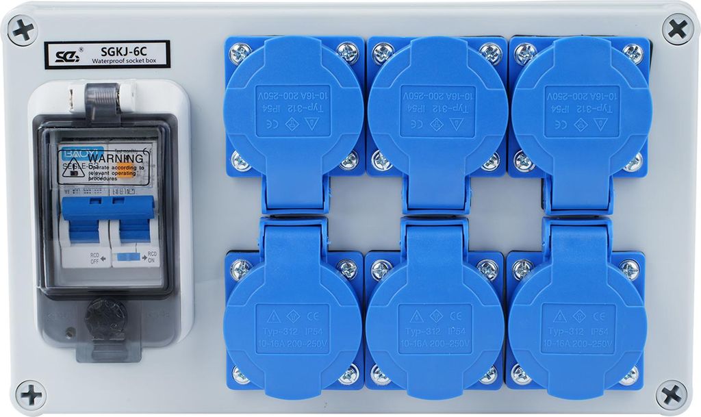 Industriesteckdosenverteiler 6-fach IP54 mit FI-Schutzschalter und wasserdichter Steckdosenbox