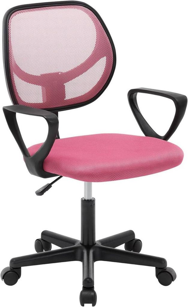 A pink mesh office chair with black accents is shown against a white background.