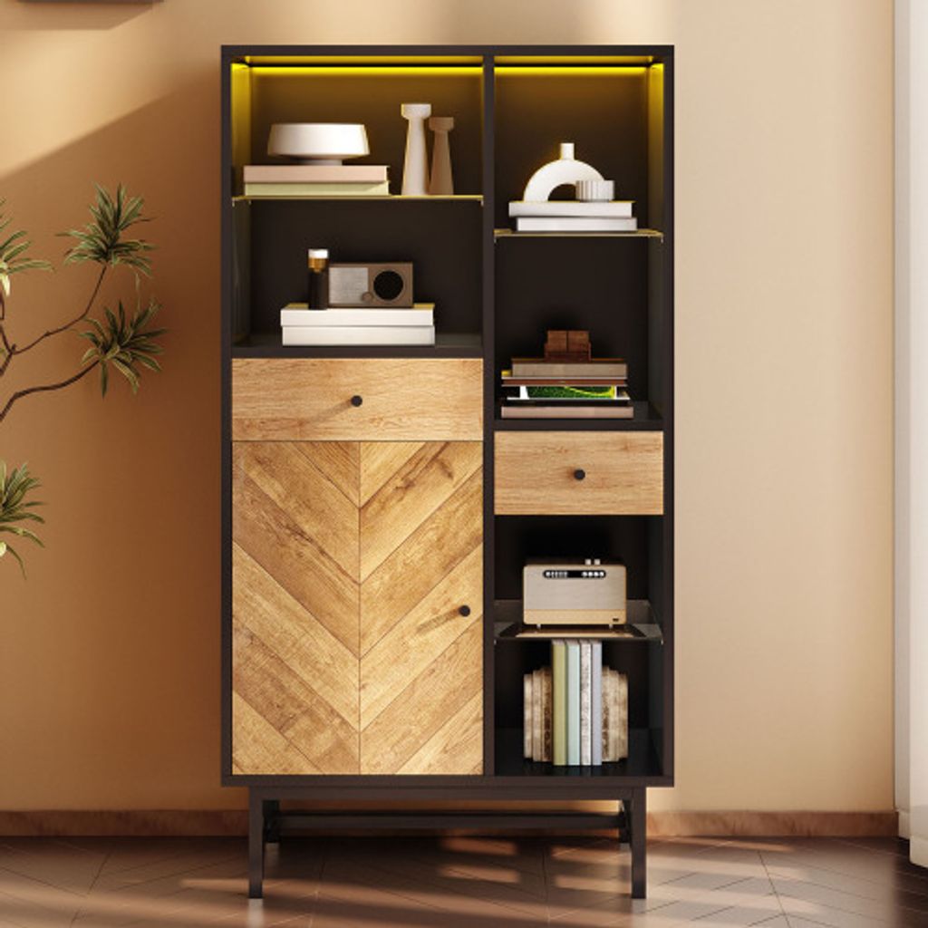 ProximaX Küchenvitrine mit 12-farbigem LED-Licht, Dreieck-Holzmaserung und Schubladen: Glasböden zur Dekoration