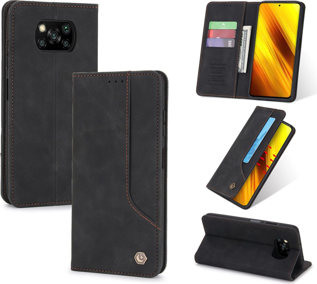 A collage of images showing a black leather phone case for a Xiaomi Poco X3 Pro from different angles and in use.