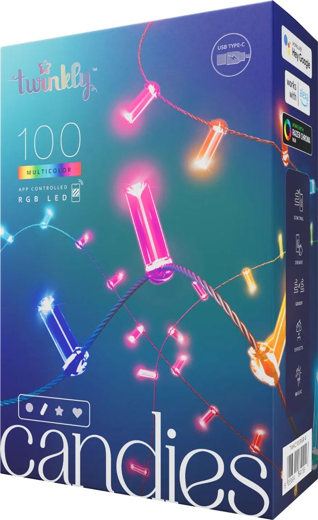 Twinkly Strings USB-C Candle 100 LED, Girlande LED in der Form of Kerze, cable leuchtende LED, mehrfarbig RGB, kompatibel mit Alexa, Google Home, d...