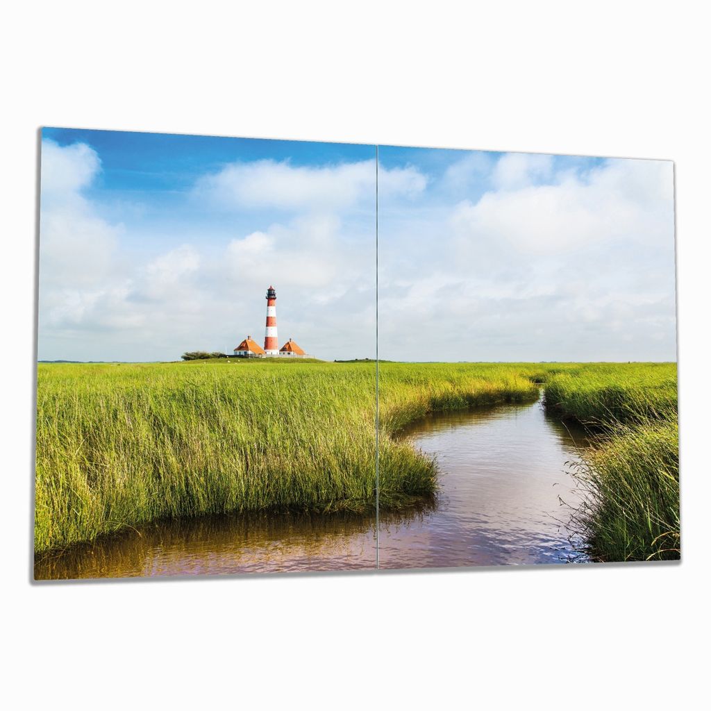 Wallario Herdabdeckplatte aus Glas, Größe 80 x 52 cm 2-teilig, Motiv Kleiner Bach durch Schilf auf dem Weg zum Leuchtturm
